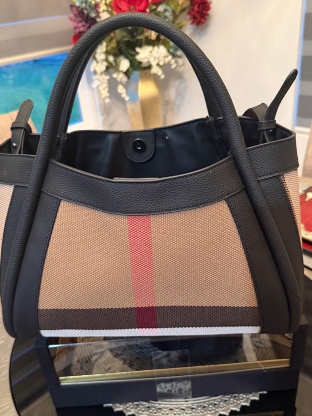 Striped Canvas and Leather Tote in Beige and Brown